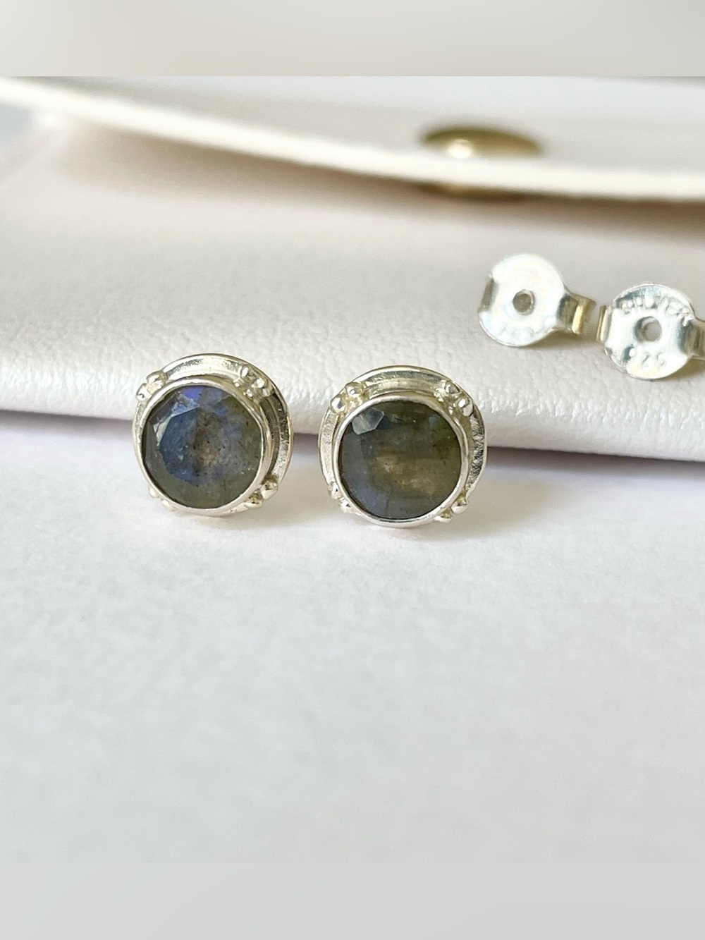 Natural Labradorite Round stud Earrings in 925 Sterling Silver ( 6mm)